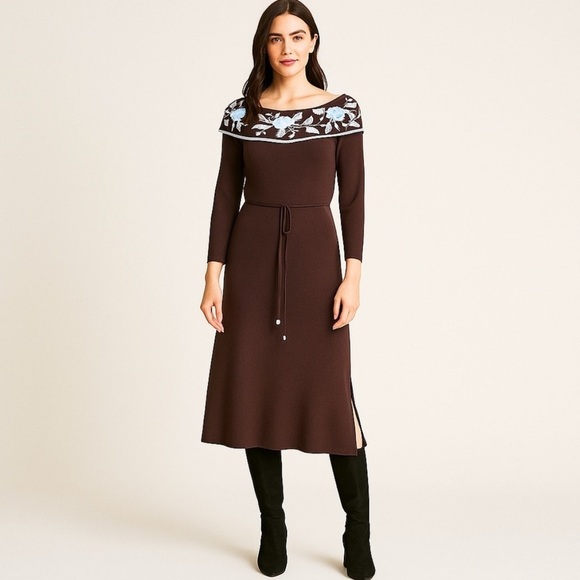 BCBG Dresses & Skirts - BCBG Off Shoulder Embroidered Knit Midi Dress Brown Blue Floral NWT Sz L Winter
